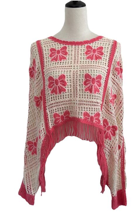 House of Harlow Sweaters - House Of Harlow Poncho OS Pink Bow Granny Square Knit Crochet Shawl Sweater READ